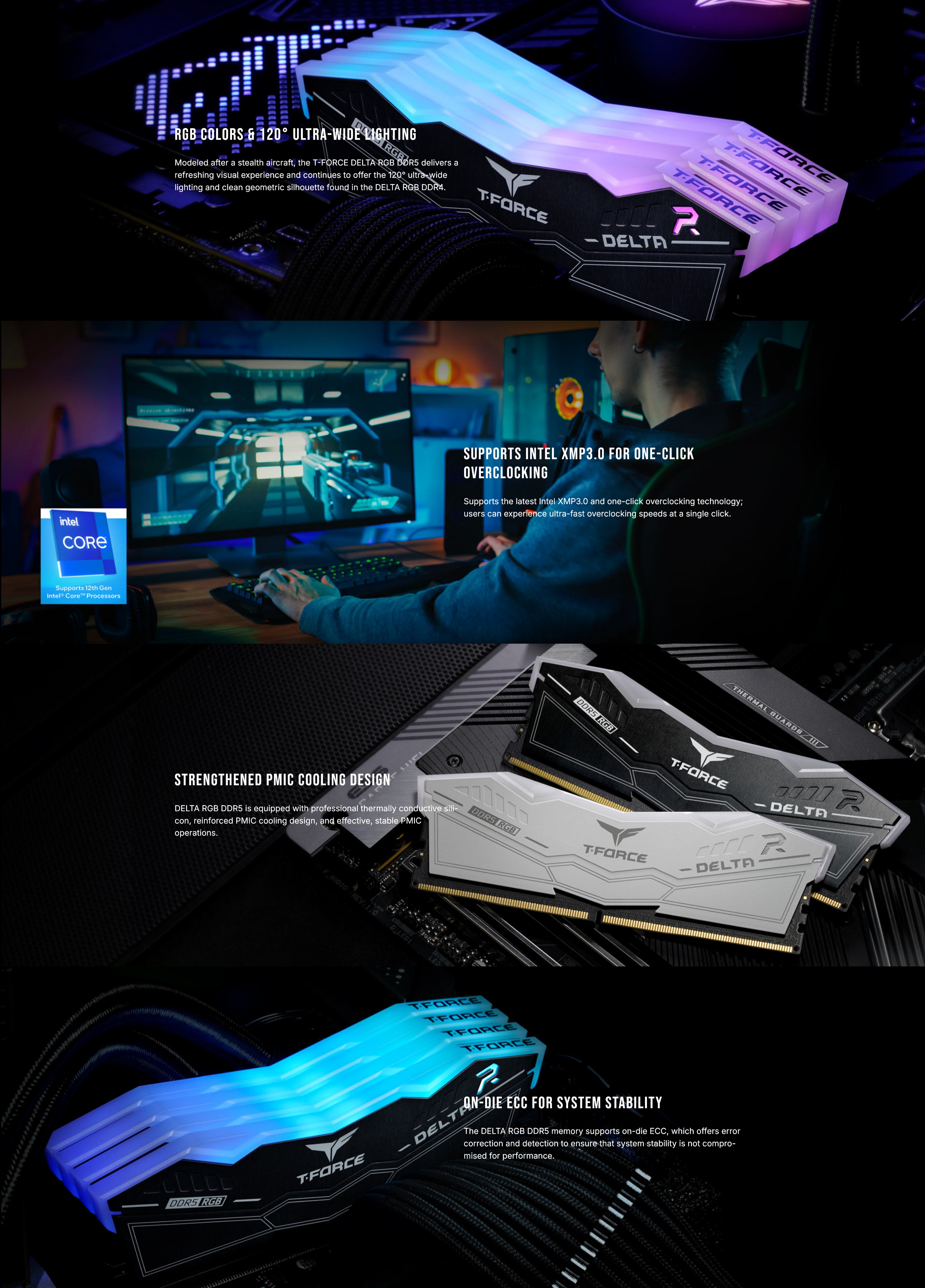 A large marketing image providing additional information about the product Team T-Force Delta RGB 16GB Kit (2x8GB) DDR5 C38 6000MHz - White - Additional alt info not provided